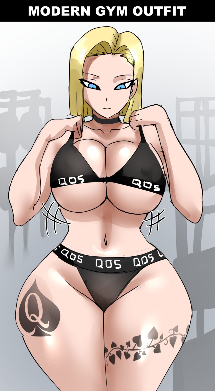 1girls android_18 blonde_hair blue_eyes cuckold dragon_ball dragon_ball_super dragon_ball_z female female_only gtsn17 gym gym_clothes huge_breasts interracial light-skinned_female light_skin netorare ntr qos qos_clothing queen_of_spades solo sports_bra tattoo tattoos thick_thighs wide_hips