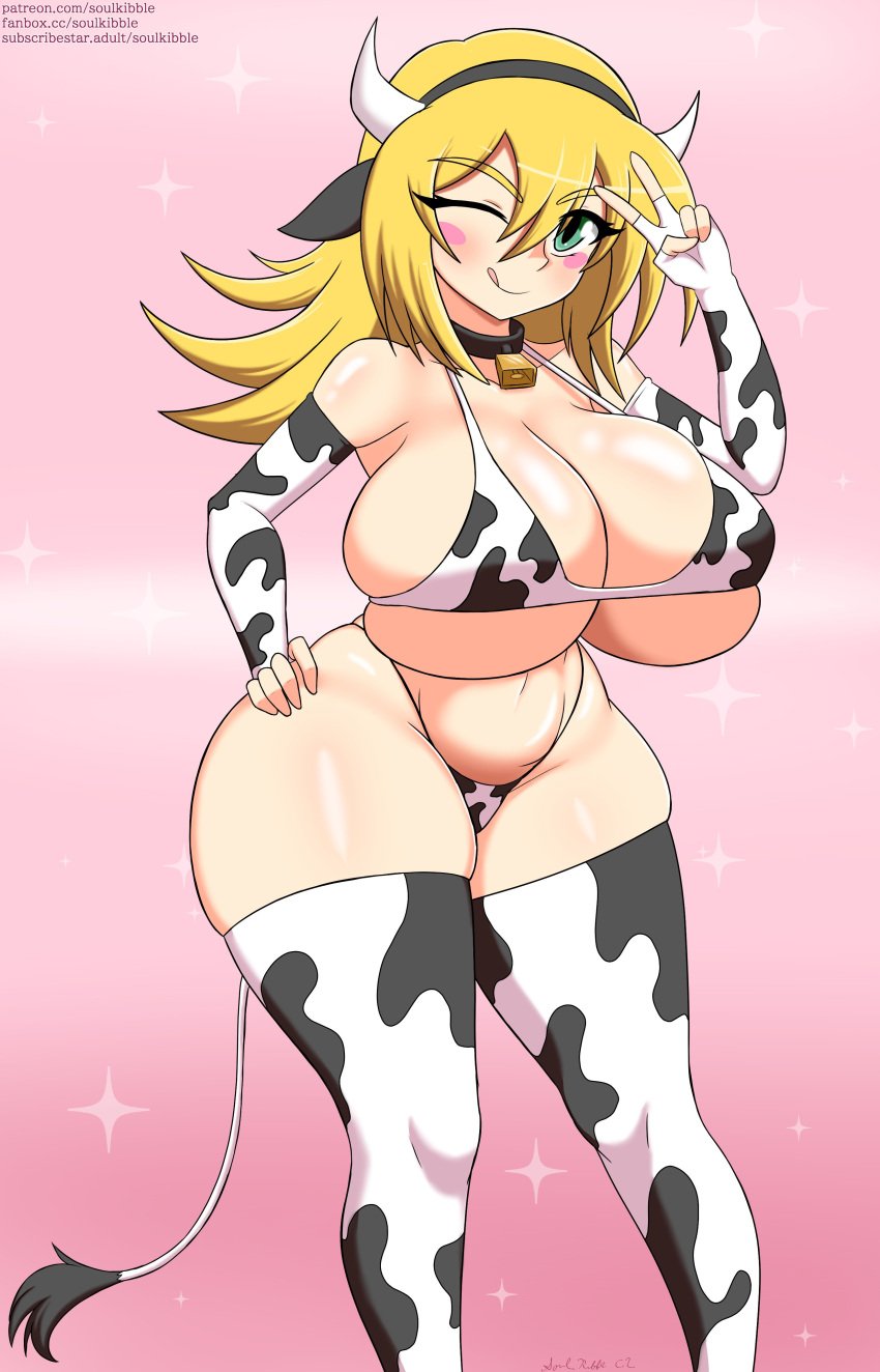 big_breasts blonde_hair cow_ears cow_girl cow_horns cow_print cowbell dark_magician_girl duel_monster female green_eyes magical_girl soulkibble thick_thighs wink yu-gi-oh!