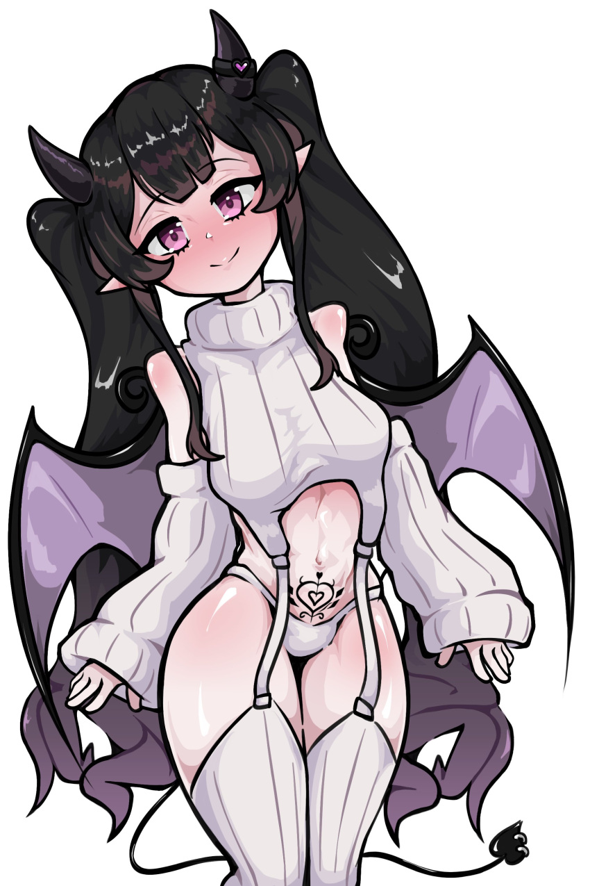 black_hair caloart30 demon_girl demon_horns demon_tail demon_wings horns indie_virtual_youtuber kyuotto large_breasts piercing pubic_tattoo purple_hair succubus succubus_horns succubus_tail succubus_tattoo succubus_wings tail tail_piercing twintails two_tone_hair virgin_destroyer_sweater virtual_youtuber vtuber