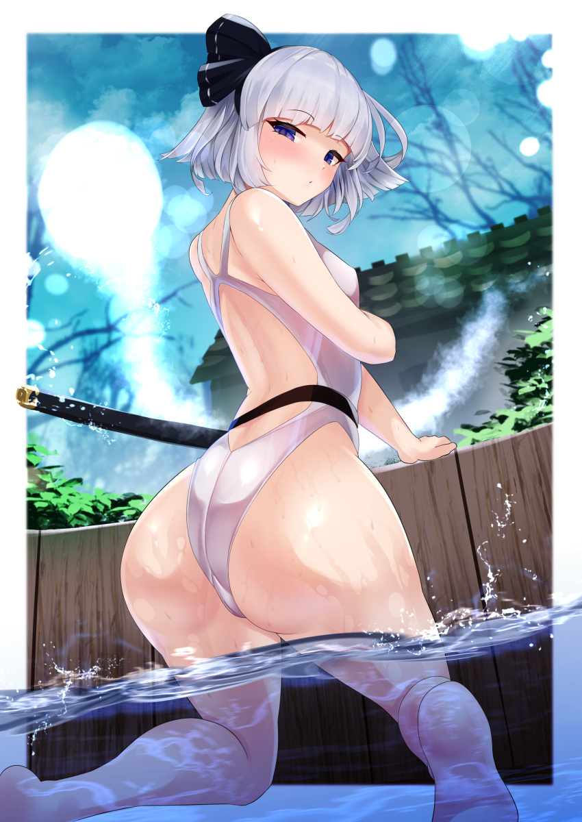 1girls 2024 absurdres ass backless_swimsuit blue_eyes blunt_bangs blush bob_cut breasts competition_swimsuit female from_behind highres kneeling konpaku_youmu konpaku_youmu_(ghost) looking_at_viewer looking_back one-piece_swimsuit onsen outdoors shiny_skin short_hair silver_hair sinkai small_breasts solo swimsuit tagme touhou water wet wet_clothes white_one-piece_swimsuit youmu_konpaku