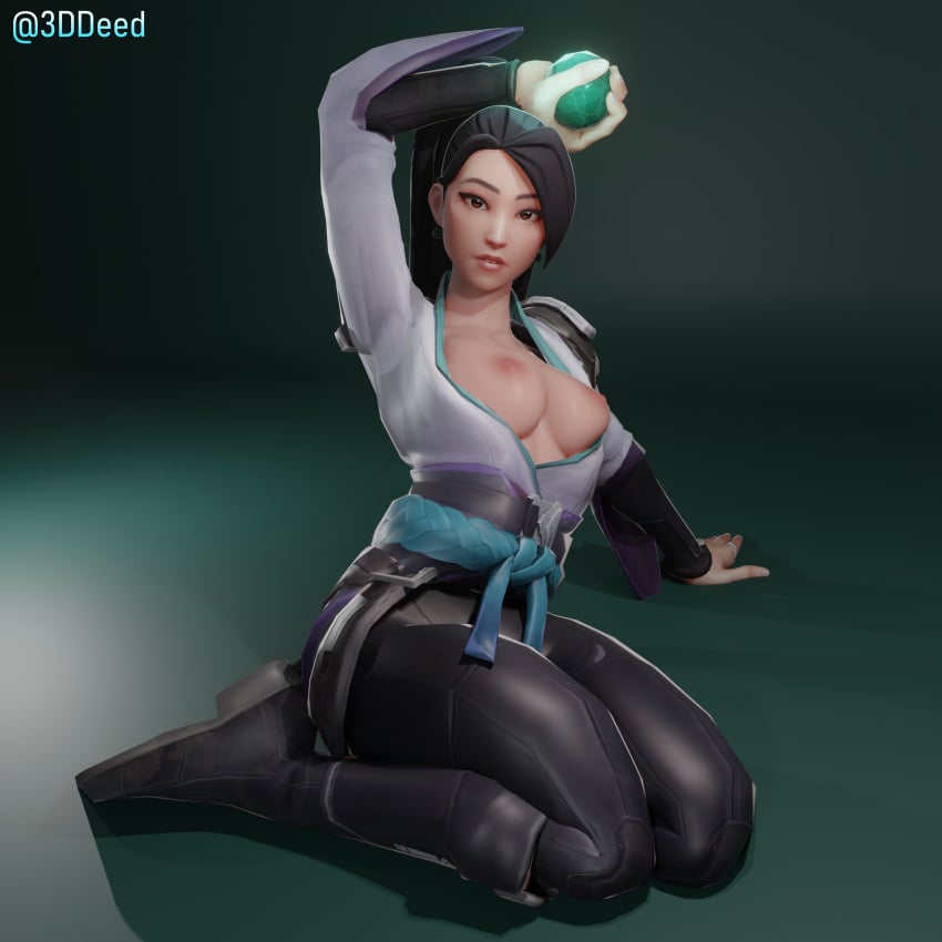 3d 3ddeed ble blender blender_(software) breasts breasts_out high_ponytail ling_ying_wei looking_at_viewer pinup_pose ponytail reclining riot_games sage_(valorant) solo solo_female valorant