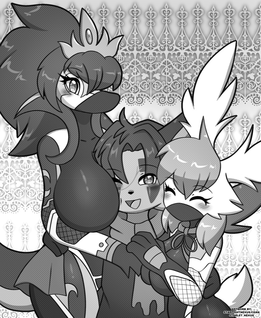 1boy 1boys 2girls 2girls1boy black_and_white blush blushing_at_viewer blushing_male breasts female fishnet_armwear fishnets gloved gloved_hands gloves hugging male mask masked masked_female pokemon pokemon_(species) pokephilia starletnexus starlight_nexus