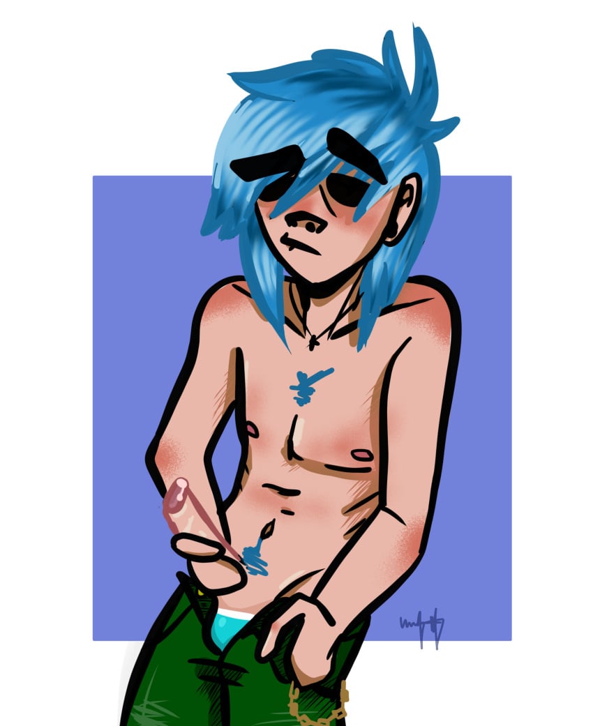 1boy 2024 2d 2d_(gorillaz) balls_bulge balls_in_underwear black_eyebrows black_eyes blue_background blue_hair blue_underwear candy_blue_hair cum cum_drip gorillaz green_pants heavy_eyebrows jerking_off male male_only masturbating masturbation non-euclidean_border pants scene_hair shirtless shirtless_male signature simple_shading skinny solo stuart_pot thick_eyebrows thick_outline toony trousers underwear white_background