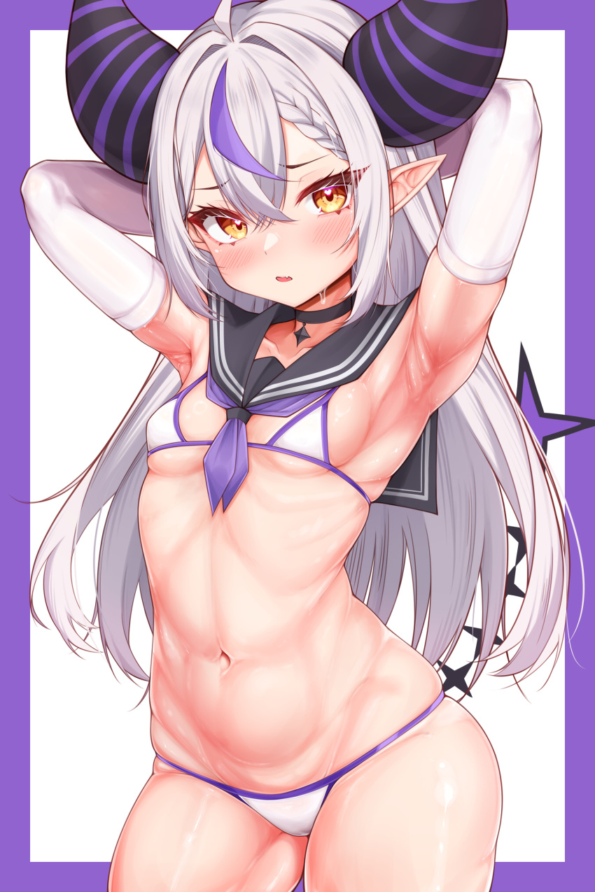 1girls 2024 ahoge amaki_daisuke armpits blush breasts demon_girl demon_horns demon_tail elbow_gloves grey_choker grey_hair grey_sailor_collar hair_between_eyes heart-shaped_pupils hololive hololive_japan holox la+_darknesss long_hair micro_bikini multicolored_hair navel open_mouth pointy_ears purple_hair purple_neckwear small_breasts solo straight_hair striped_horn thighs virtual_youtuber white_bikini white_gloves yellow_eyes