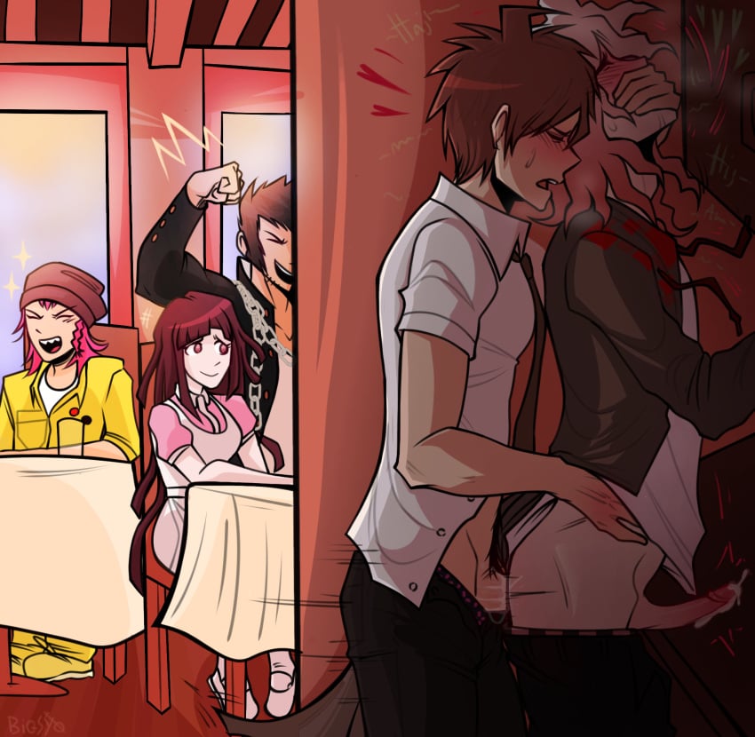 background background_characters beanie behind_wall bigsyo black_pants blue_hair brown_hair closed_eyes clothed clothed_sex covering_another's_mouth covering_mouth cumming_inside danganronpa danganronpa_2:_goodbye_despair diner gag gagged gay gay_sex green_coat green_tie hand_gagged hand_on_mouth hand_over_another's_mouth hand_over_mouth handgag hiding hinata_hajime jumpsuit kazuichi_souda nagito_komaeda nidai_nekomaru pink_hair precum public public_sex purple_eyes purple_hair restaurant secret standing standing_sex super_danganronpa_2 tan_skin tie tsumiki_mikan white_hair white_shirt white_skin windows yellow_jumpsuit