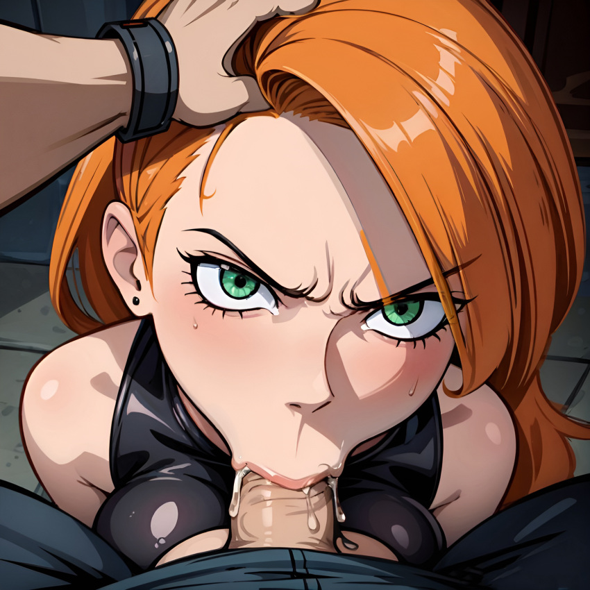 1girls ai_generated angry angry_face angry_fellatio arbitrary blowjob cum cum_in_mouth deepthroat disney disney_channel ear_piercing face_fucking fellatio female_focus forced_oral glaring green_eyes hand_on_another&#039;s_head hand_on_head head_grab hi_res kim_possible kimberly_ann_possible lips looking_at_viewer oral oral_creampie orange_hair penis_in_mouth pov pov_eye_contact sleeveless stable_diffusion throat_fuck