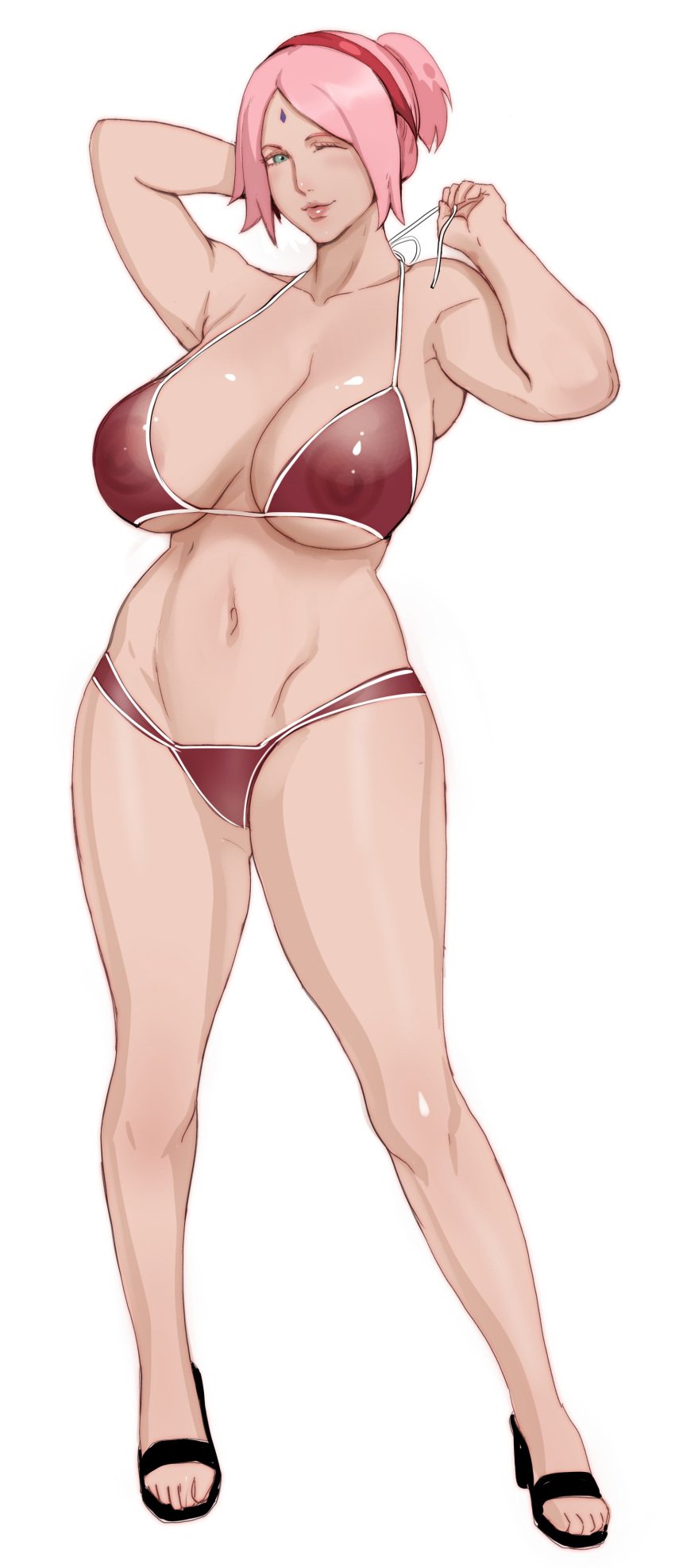 1girls absurdres aged_up alternate_breast_size areola_slip arms_up bare_legs bikini breasts covered_erect_nipples curvy facial_mark female female_focus forehead_mark full_body green_eyes high_heels highres huge_breasts jnsdh looking_at_viewer midriff naruto naruto_(series) navel one_eye_closed pink_hair ponytail sakura_haruno sandals short_hair solo swimsuit thick_thighs thighs toes wink