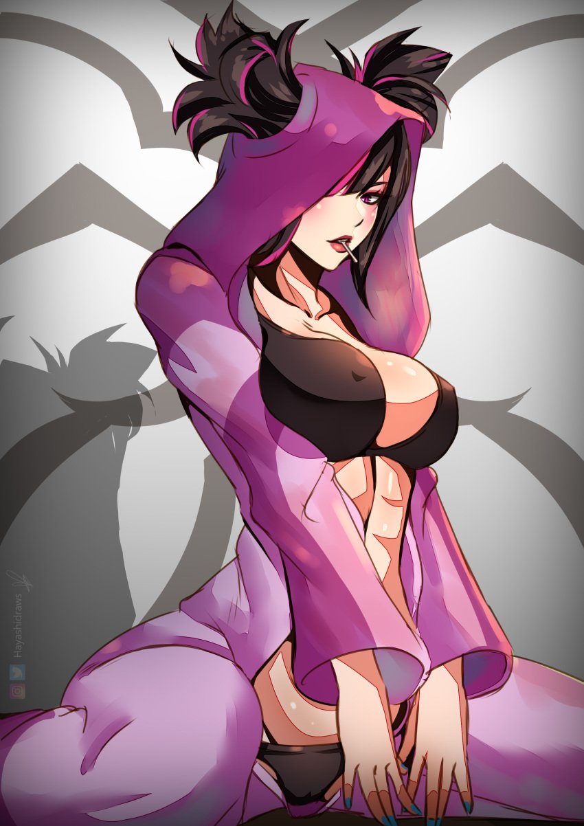 1girls abs big_breasts black_hair bra breasts collarbone female female_only han_juri hands_down hayashidraws inner_sideboob juri_han korean korean_female lips lollipop lollipop_in_mouth nipples_visible_through_clothing onesie open_onesie pajamas pijama purple_eyes solo street_fighter street_fighter_6 thick_thighs thighs