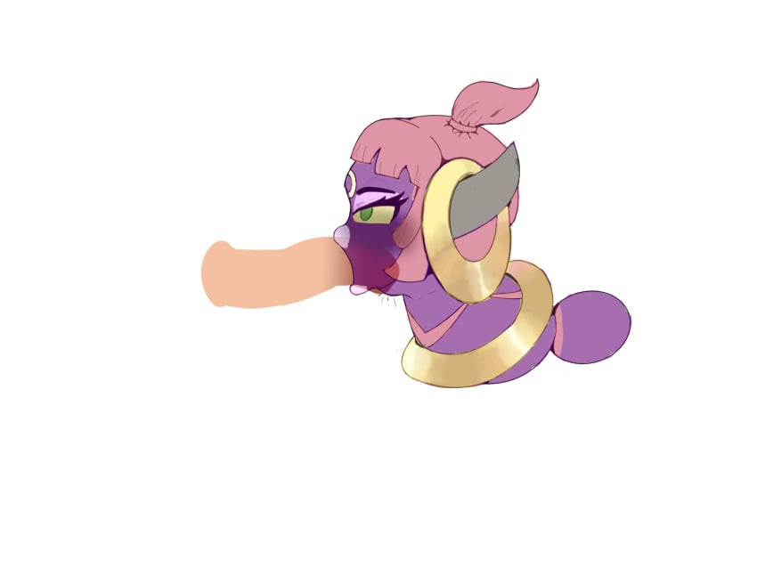 bimbo_lips blowjob deepthroat fellatio female female_focus gold_jewelry green_eyes hoopa lipstick pokemon pokemon_(species) pokemon_xy pokephilia pony_tail purple_skin sadistic_girl yellow_eyes