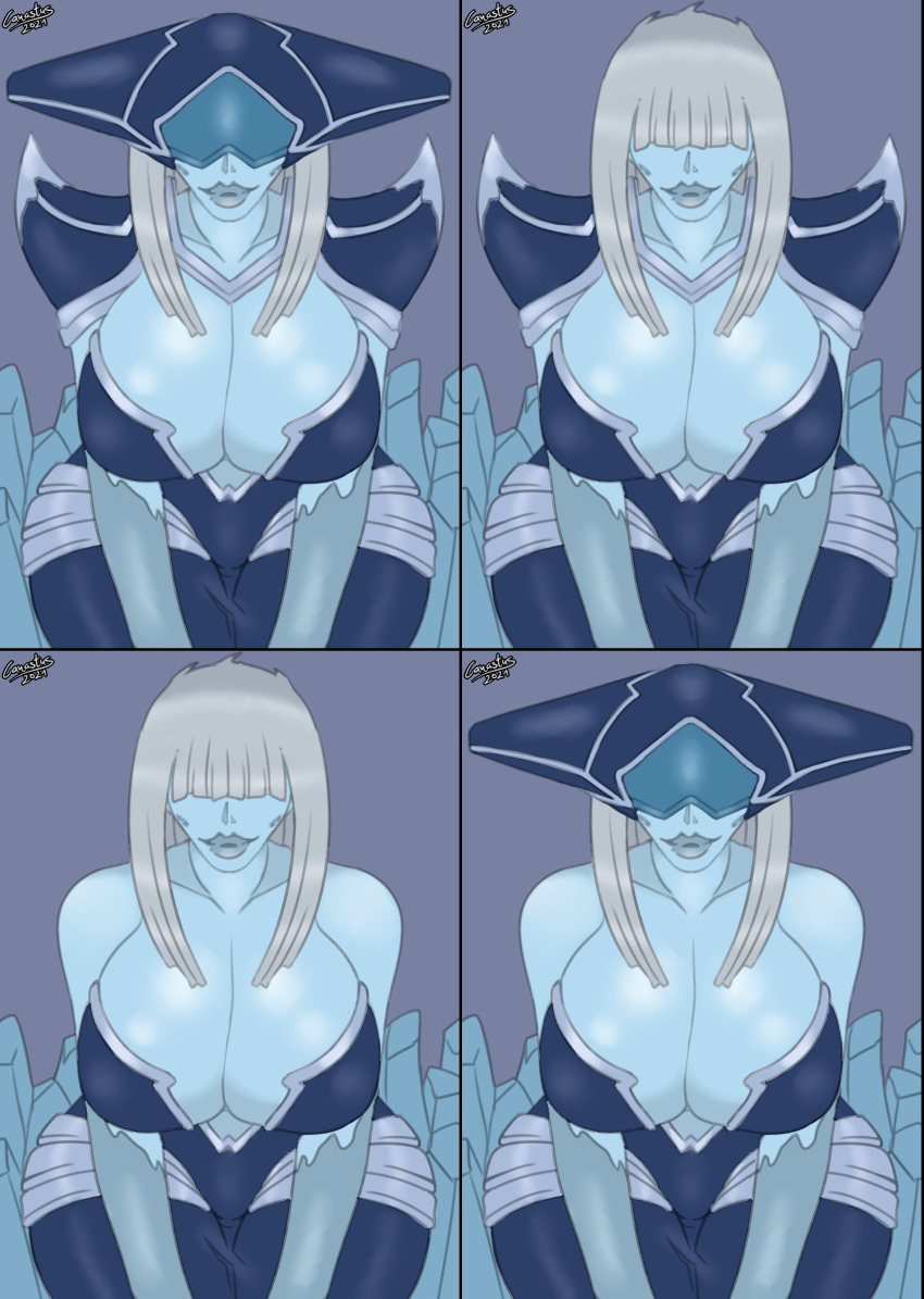 2d armor big_breasts big_lips blinding_bangs blue_skin breasts canastus cold female grey_background grey_hair hair hidden_eyes ice league_of_legends lipstick lissandra magic_user mature_female pinup pose shoulder_pads simple_background sketch tagme video_games wide_hips witch