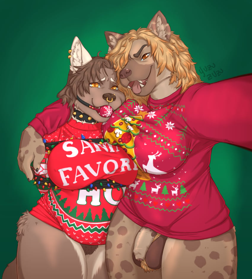 1futa 1girls absurd_res anthro arms_tied ball_gag balls boon_digges bound canid canine canis christmas christmas_clothing christmas_lights christmas_sweater christmas_topwear clothing collar domestic_dog duo facial_piercing female flaccid furry futa_with_female futanari gag genitals gynomorph gynomorph/female hi_res holidays hyaenid intersex intersex/female mammal nose_piercing nose_ring penis piercing selfie spotted_hyena sweater topwear yuzu_zuzu