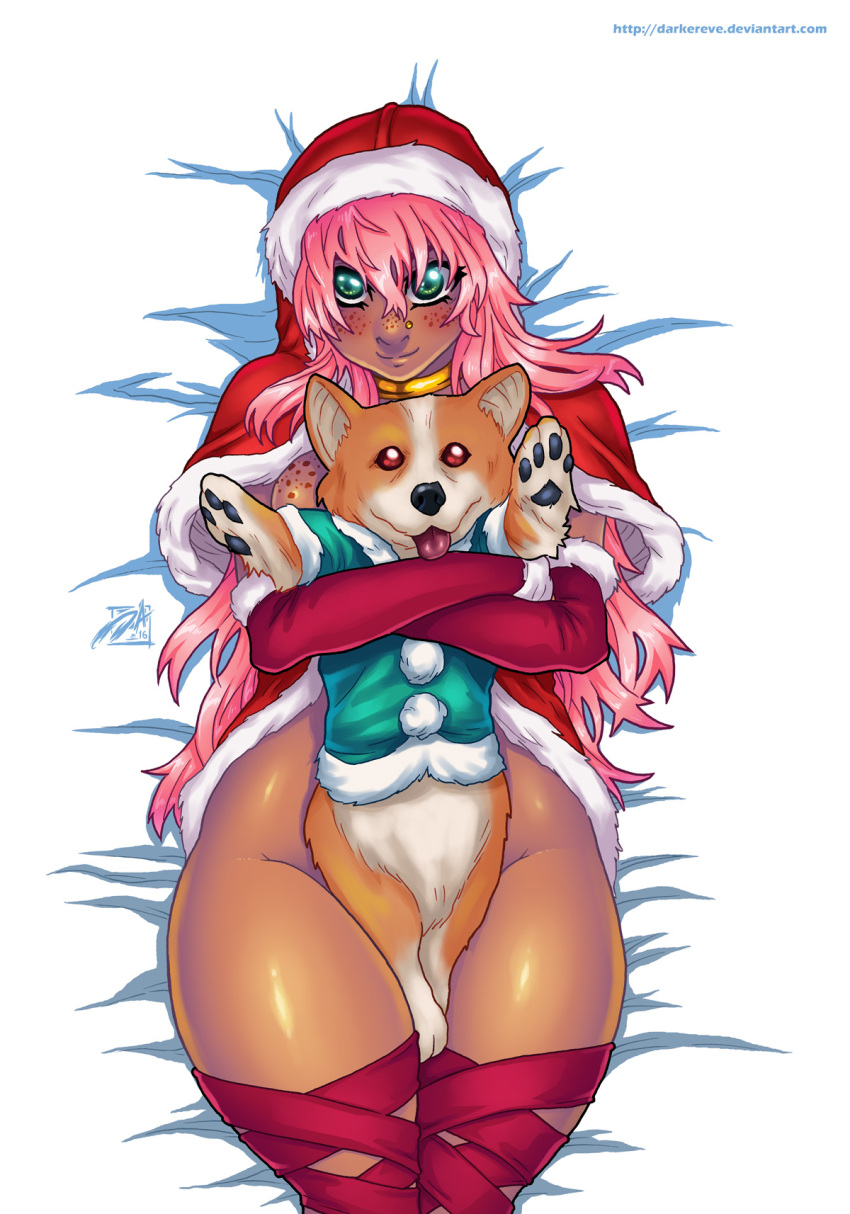 christmas corgi covering_body cute_eyes cute_face darkereve jagua_tales monica_del_rio nude pink_hair santa_coat santa_hat