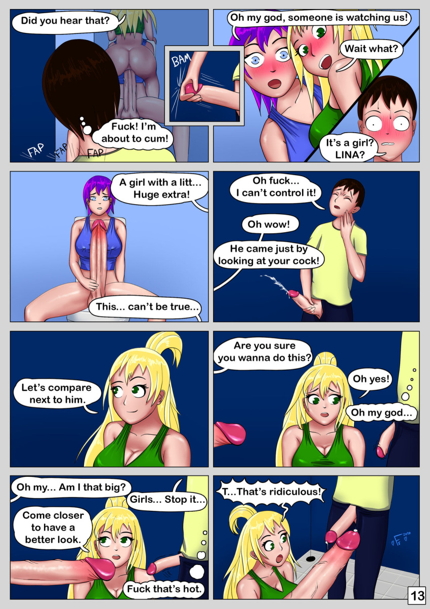 1boy 1futa 1girls bathroom big_penis comic cum dialogue futa_is_bigger futanari futascript growth lina_(futascript) penis_growth