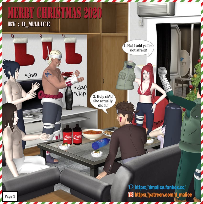 3d bra cheating_wife christmas christmas_decorations christmas_tree comic d_malice dialogue girlfriend group hyuuga_hinata hyuuga_neji inuzuka_kiba killer_bee milf mother naruto naruto_shippuden pixiv rock_lee sasuke_uchiha sitting_on_chair strip uzumaki_kushina xnalara xps