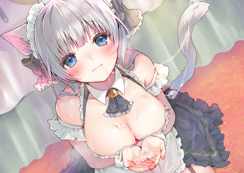 1girls animal_ears cleavage cum maid nekomimi no_bra solo tail tomozero white_hair