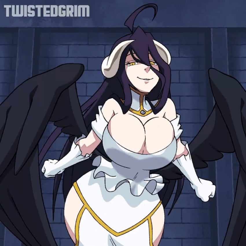 1girls 2d 2d_animation albedo_(overlord) alternate_version_available animated black_hair black_wings bouncing_breasts breasts cleavage clothed demon_girl demon_horns demon_wings detached_collar dress elbow_gloves falling_feathers feathered_wings feathers female female_only gloves hair_between_eyes hi_res horns huge_breasts large_breasts long_hair looking_at_viewer overlord_(maruyama) pointing pointing_up skeleton slit_pupils smile solo thighs twistedgrim white_dress white_gloves wings yellow_eyes