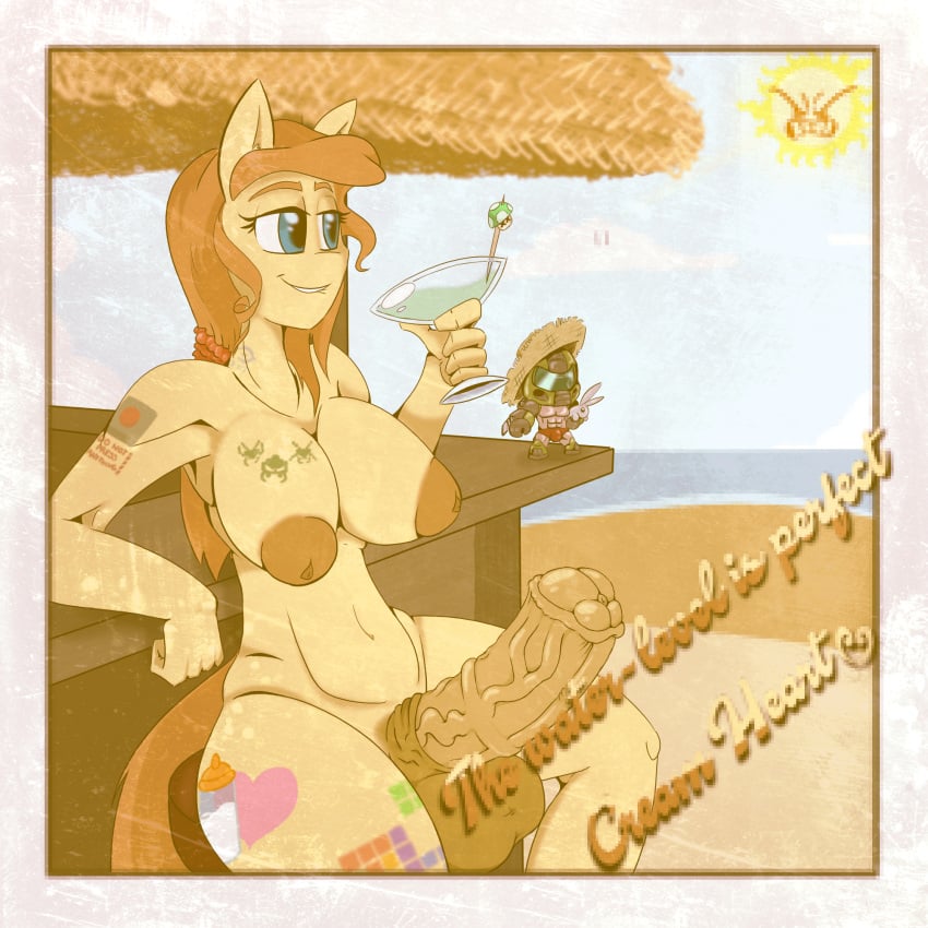 animal_genitalia animal_penis anthro anthrofied beach beverage big_breasts breasts cream_heart_(mlp) equid equine equine_penis fan_character friendship_is_magic ftg_crossgender fti_crossgender futanari genitals gynomorph hi_res intersex mammal my_little_pony nude penis rule_63 sanyo2100 seaside sitting solo