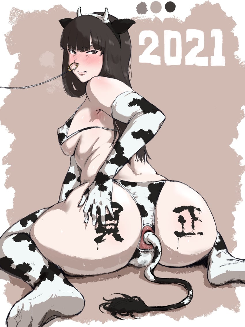 2021 absurdres anal_fluid anal_tail animal_ears animal_print anus ass back bangs bikini black_eyes black_hair blush body_writing breasts cow_ears cow_print elbow_gloves fake_tail female girls_und_panzer gloves gomabura highres long_hair nishizumi_shiho nose_piercing nose_ring piercing sitting solo swimsuit tail thighhighs wariza year_of_the_ox