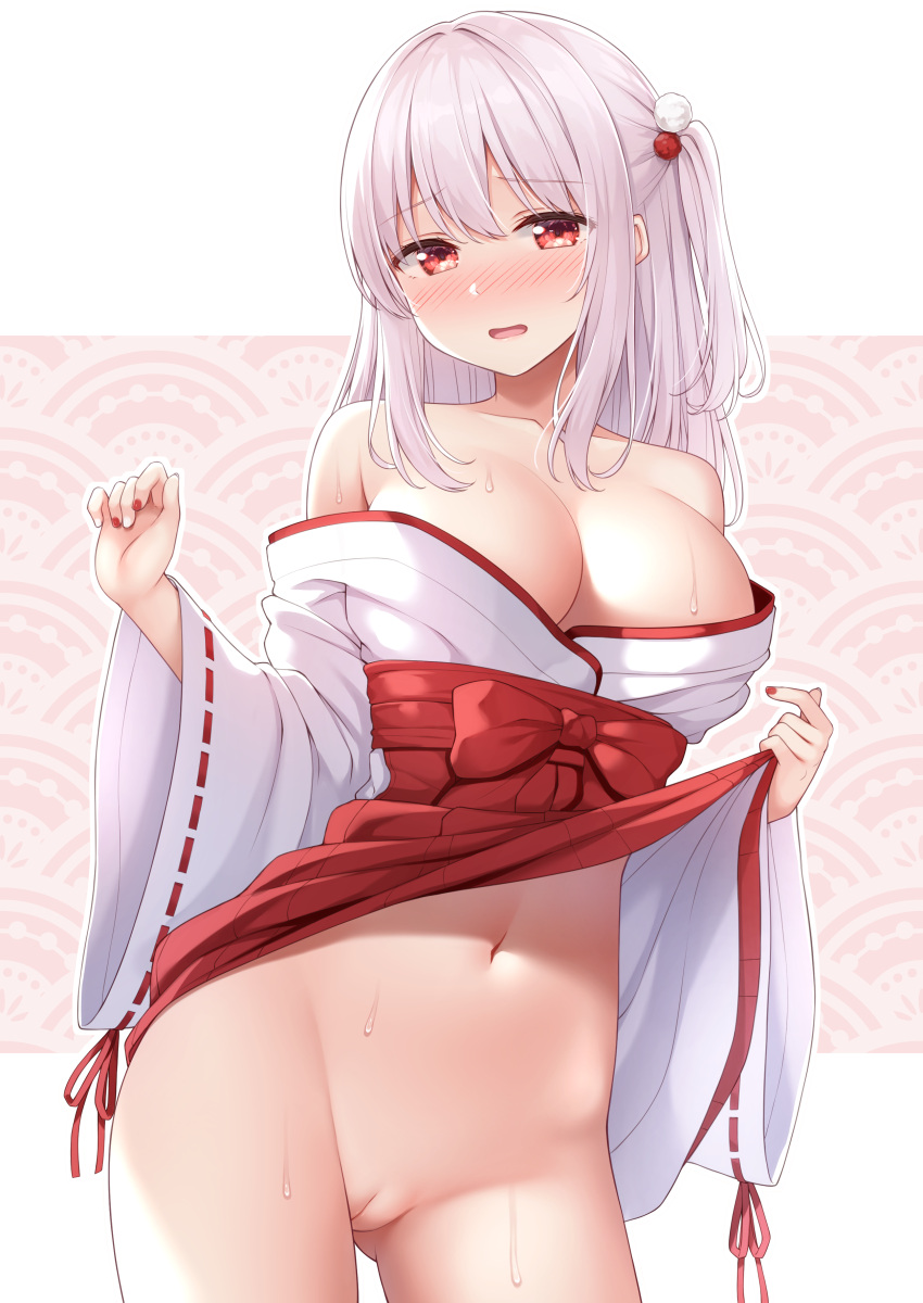 cleavage hakama hakama_lift karutamo miko no_bra nopan pussy skirt_lift uncensored