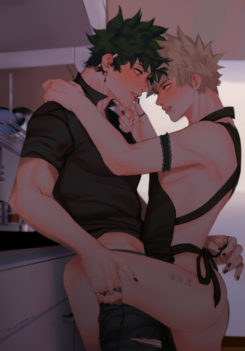 2boys apron apron_only ass bare_thighs blonde_hair cigarette clothed currynim eye_contact gay green_hair hand_on_thigh izuku_midoriya katsuki_bakugou kitchen kitchen_counter male male/male my_hero_academia nails_painted yaoi