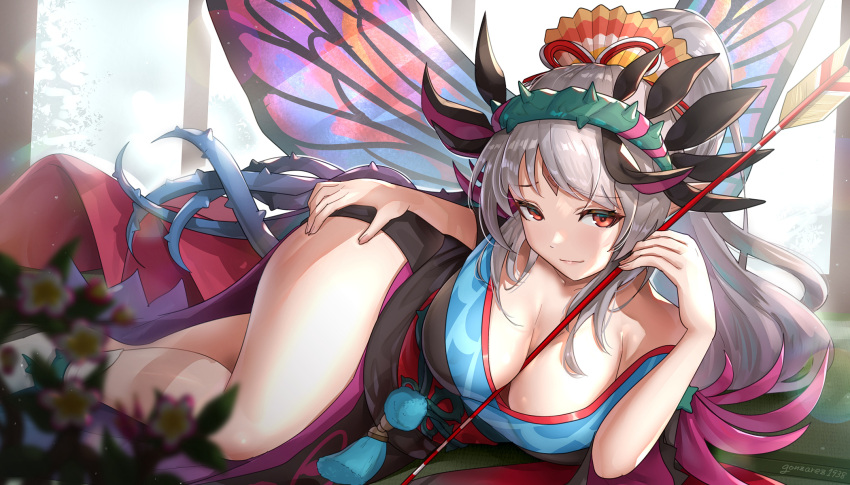 1girls alternate_costume arrow_(projectile) bare_legs bare_thighs between_breasts big_breasts breasts cleavage collarbone facial_mark fairy_wings female fire_emblem fire_emblem_heroes flower forehead_mark gonzarez highres japanese_clothes kimono large_breasts light_rays new_year nintendo object_between_breasts plumeria_(fire_emblem) plumeria_(new_year)_(fire_emblem) ponytail red_eyes seductive seductive_smile side_slit silver_hair smile solo solo_female suggestive_pose thorns window wings