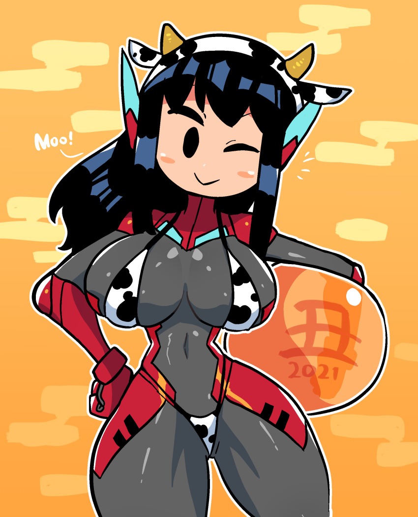 1girls 2021 asta_(crap_man) asta_rindo bikini black_hair bodysuit cow_girl cow_print cow_print_bikini crap-man female hand_on_hip hips looking_at_viewer mob_face solo thighs winking