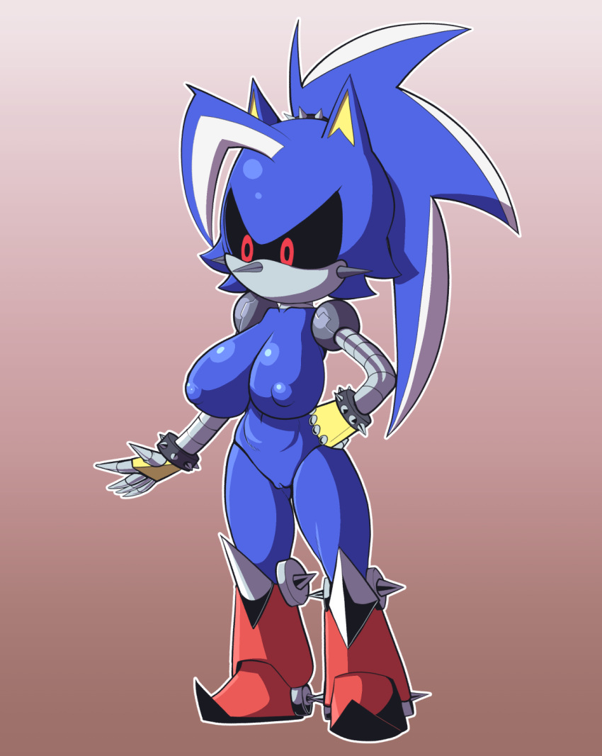 anthro big_breasts black_sclera blue_body boots breasts clothing eulipotyphlan female female_only footwear fours_(artist) genitals hair hand_on_hip hedgehog hi_res machine mammal metal_sonic metal_sonique neo_metal_sonic ponytail pussy red_eyes robot rule_63 shortstack solo solo_female sonic_(series)