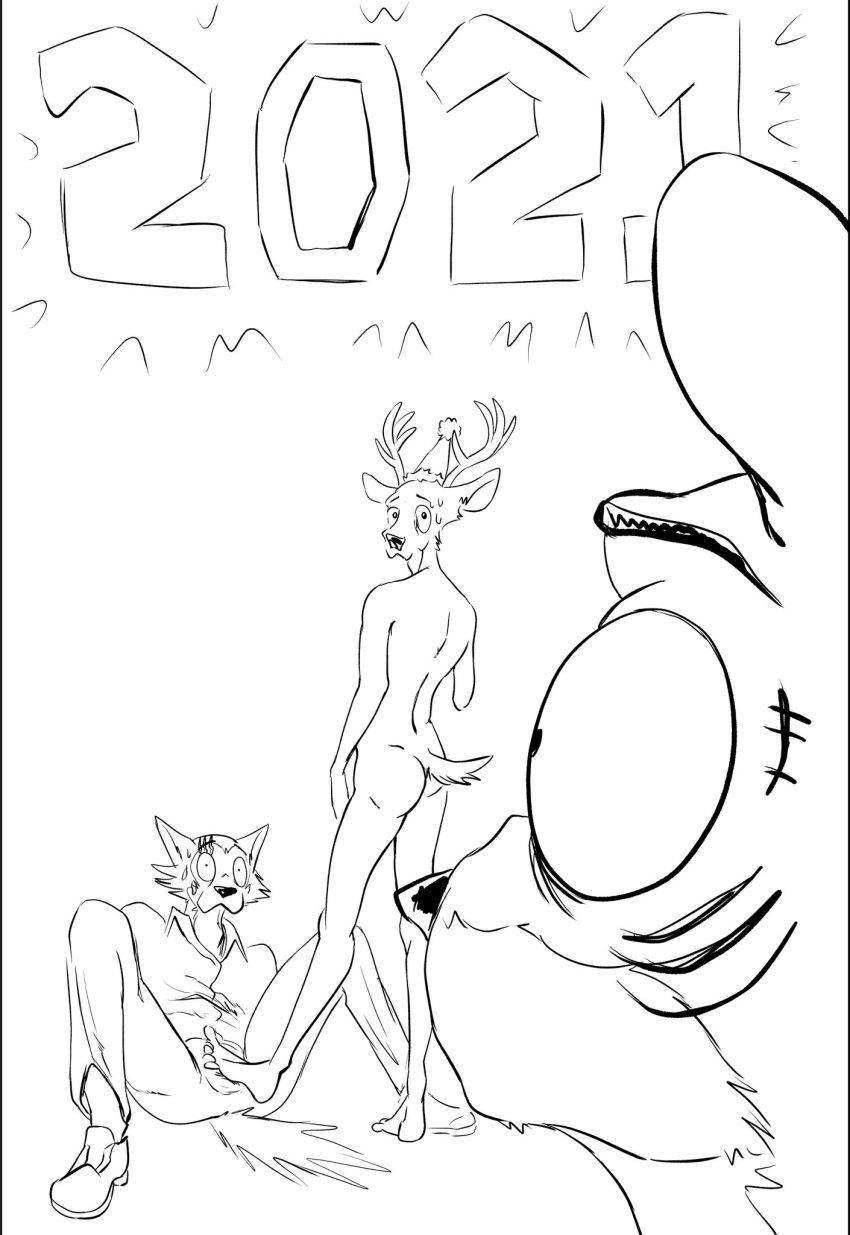 2021 anthro anthro_on_anthro antlers ass beastars big_eyes bill_(beastars) black_and_white bottomwear canid canine canis caught cervid clothed clothing dot_eyes dress_shirt felid ffog foot_on_crotch footwear group hat headgear headwear hi_res holidays horn humor legoshi_(beastars) looking_back louis_(beastars) male male/male mammal monochrome new_year nude number pantherine pants party_hat scar shirt shoes sitting standing surprise tiger topwear wide_eyed wolf