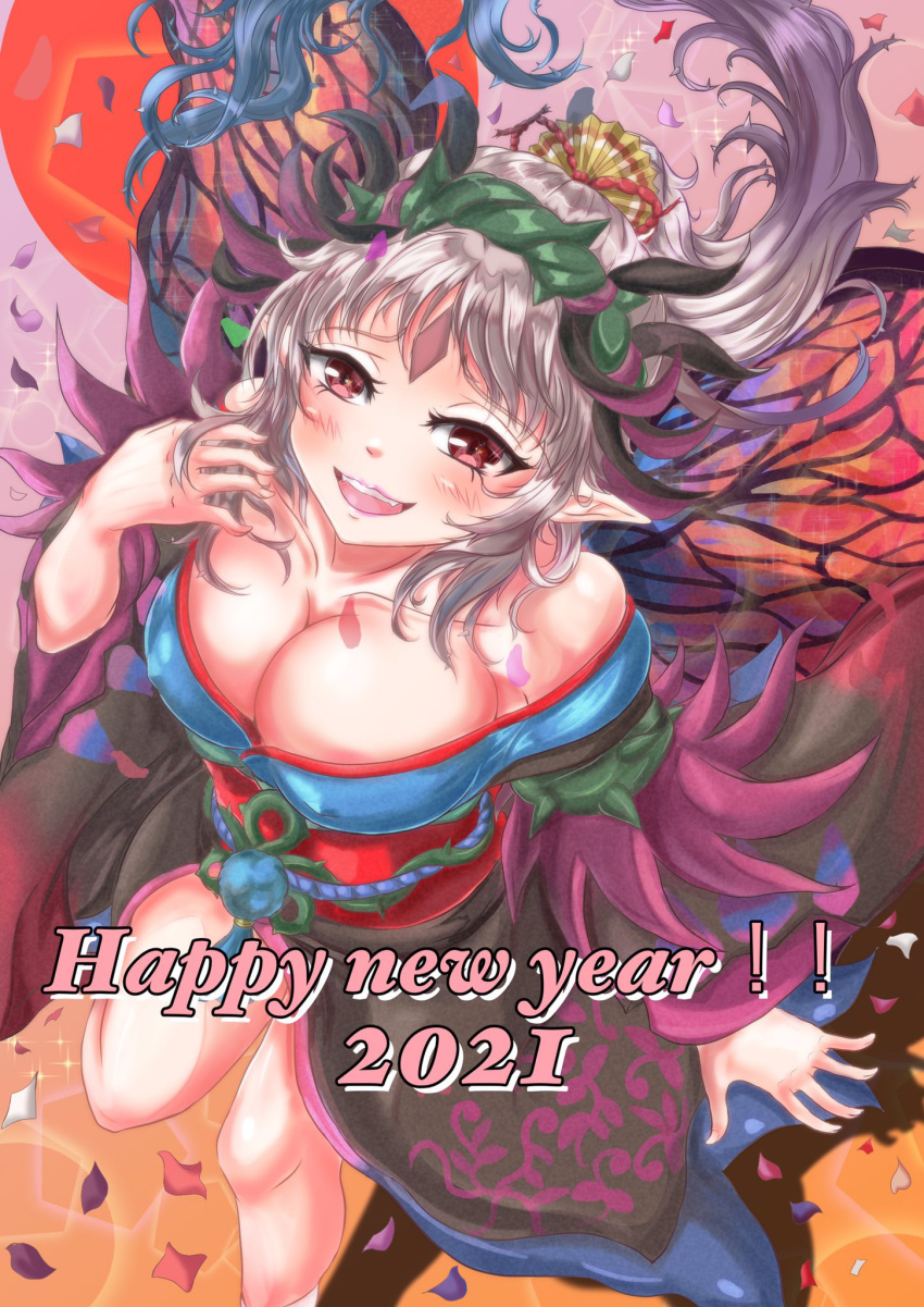 bare_legs big_breasts cleavage collarbone confetti english_text fairy fire_emblem fire_emblem_heroes happy_new_year japanese_clothes kimono large_breasts long_hair looking_at_viewer new_year nintendo nipple_bulge open_mouth open_smile petals plumeria_(fire_emblem) plumeria_(new_year)_(fire_emblem) pointy_ears ponytail red_eyes silver_hair smile text violet_migu18 wings