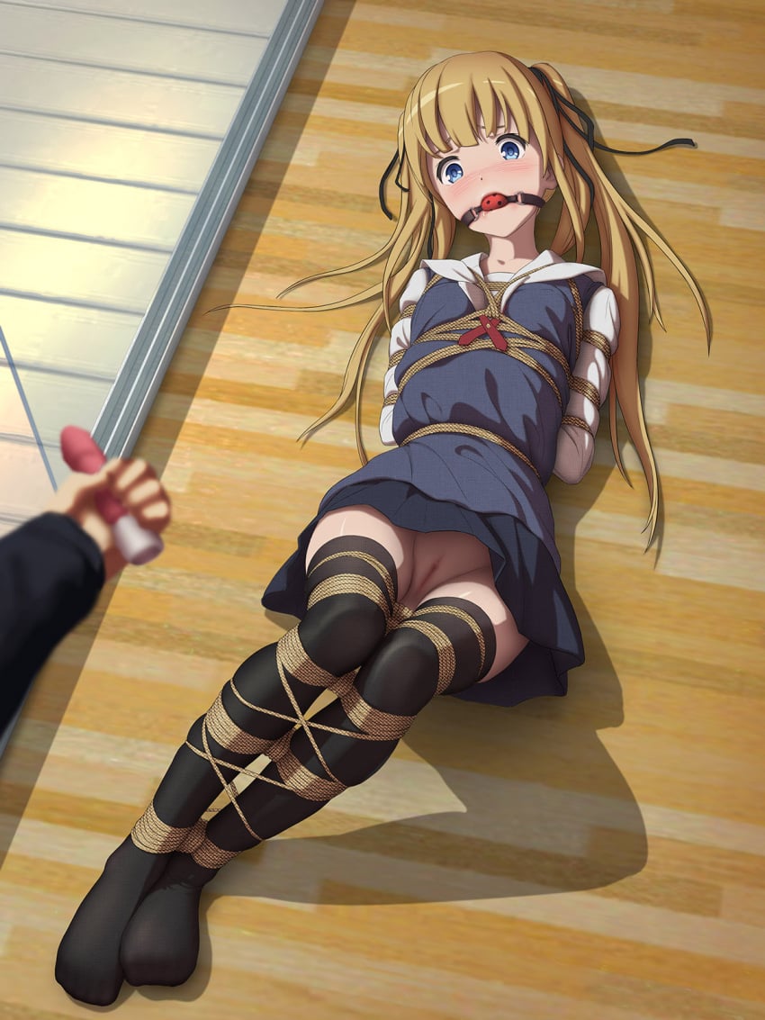 1girls arms_tied_behind_back ball_gag blonde_hair blue_eyes blush bondage dildo dildo_vibrator embarrassed exposed_pussy female human imminent_rape legs_tied legs_together no_panties on_back pussy rope rope_bondage saenai_heroine_no_sodatekata sawamura_spencer_eriri scared school_uniform tokinohimitsu uncensored upskirt vibrator