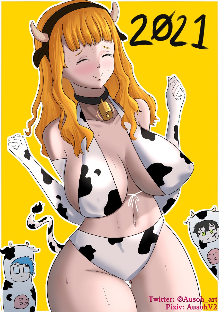 1girls 2021 2boys alternate_version_available animal_ears arms_up ausoh black_clover black_hair blue_hair blush breasts choker cleavage closed_eyes clothed cow_horns cow_print cow_tail cowbell cowsuit deadpan female_focus flat_belly front_view glasses green_eyes hourglass_figure klaus_lunettes large_breasts long_hair mimosa_vermillion navel orange_background orange_hair plain_background smile stomach sweat teenager thick_thighs thigh_gap thighs udders watermark yuno_grinbellior