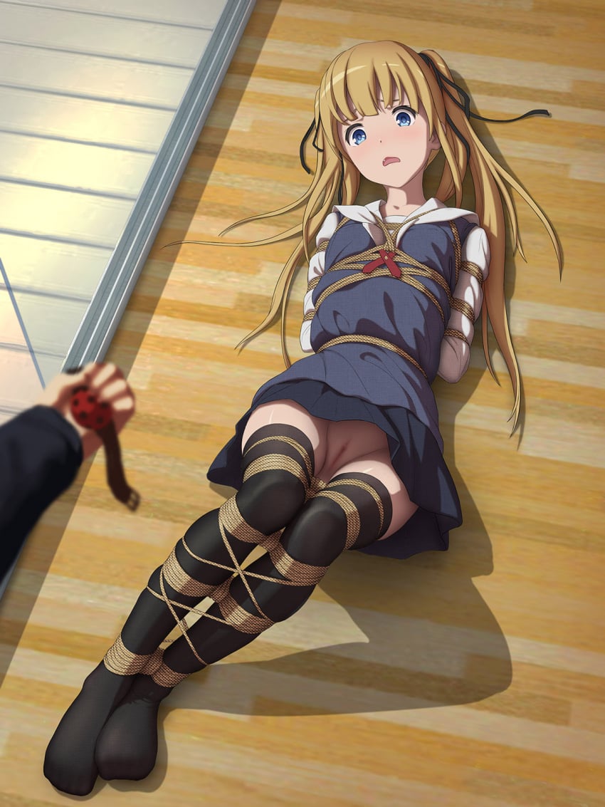 1girls arms_tied_behind_back ball_gag_unused blonde_hair blue_eyes blush bondage exposed_pussy female human legs_tied legs_together no_panties on_back pussy rope rope_bondage saenai_heroine_no_sodatekata sawamura_spencer_eriri school_uniform tokinohimitsu uncensored upskirt