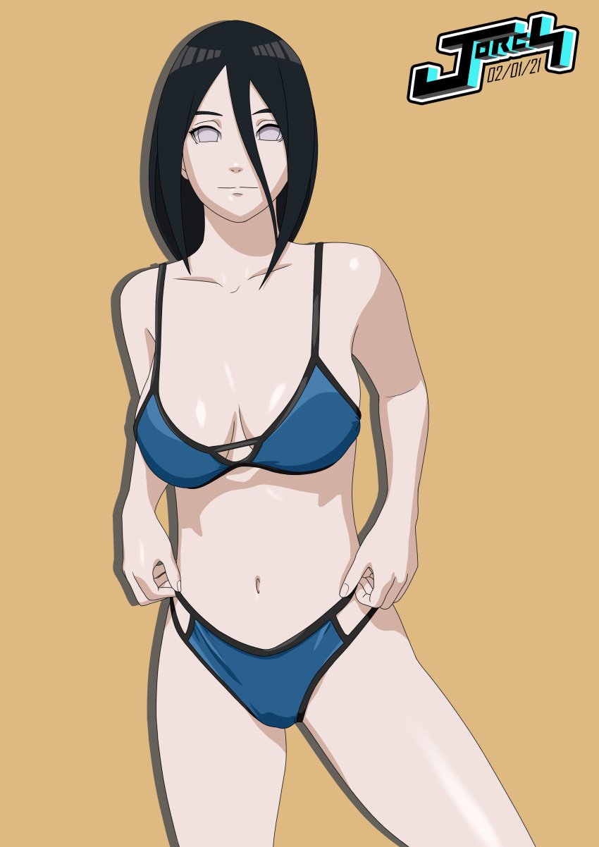 1girls 2021 adjusting_swimsuit bikini boruto:_naruto_next_generations breasts brown_hair cleavage dark_hair dated female female_only hair_between_eyes hyuuga_hanabi jorch_jacg light-skinned_female light_eyes light_skin long_hair midriff naruto naruto_(series) pinup smile solo straight_hair swimsuit thighs violet_eyes