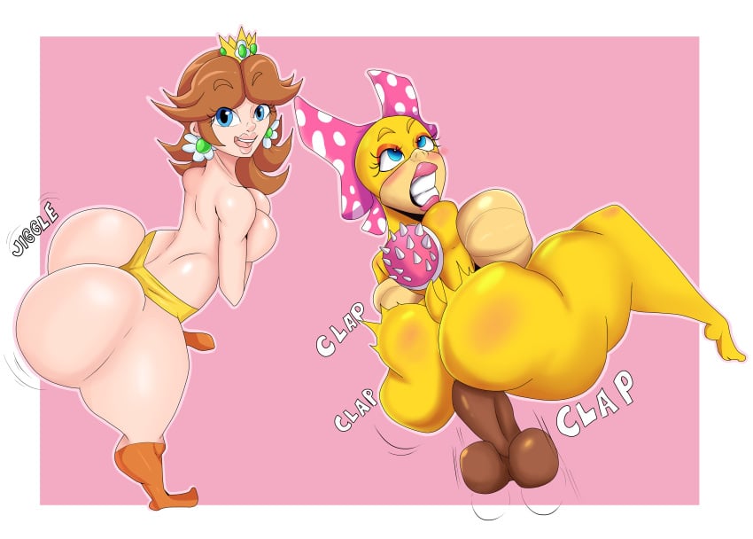 1boy 2girls ass ass_shake big_ass big_breasts big_penis bimbo blue_eyes bottom_heavy bow breasts brown_hair bubble_butt clenched_teeth dark-skinned_male daysy female hi_res highres huge_ass human_on_anthro interspecies large_ass large_penis leaning_forward male mario_(series) multiple_girls penis pink_background princess_daisy shortstack simple_background sound_effects standing testicles thick_thighs tiara twerking unseen_male_face wendy_o._koopa white_border wide_hips yellow_scales yellow_skin