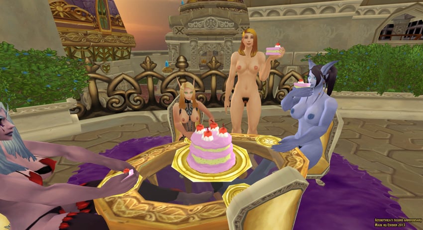 2013 4girls alliance_(warcraft) blizzard_entertainment blonde_hair blood_elf blue_skin breasts cake dalaran draenei elf esidien esidien_(artist) female female_only human human_paladin multiple_girls night_elf nipples oldschool original_character paladin_(warcraft) pink_skin pubes pubic_hair pussy source_request thighs warcraft world_of_warcraft