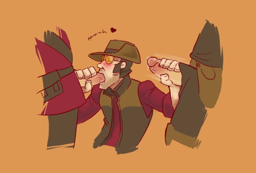 3boys engineer engineer_(team_fortress_2) fellatio handjob male male_only sniper sniper_(team_fortress_2) soldier soldier_(team_fortress_2) syberfox team_fortress_2 yaoi