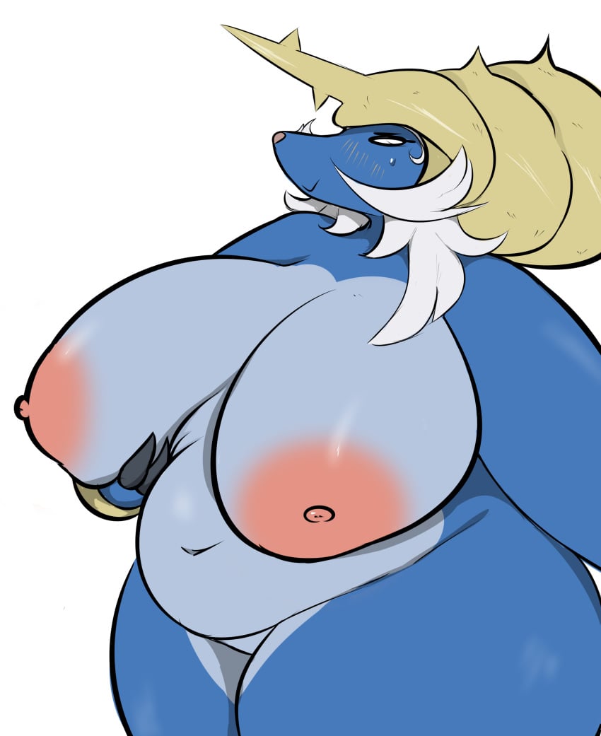 absurd_res anthro ass belly belly_squish big_belly big_breasts big_butt bodily_fluids breast_grab breast_squish breasts curvy_figure embarrassed fan_character female fupa hand_on_breast hi_res huge_breasts huge_butt huge_thighs looking_away lutrine mammal mustelid navel nintendo nipples overweight overweight_anthro overweight_female plantedpot pokémon_(species) pokemon samurott solo solo_focus squish sweat thick_thighs video_games voluptuous wide_hips