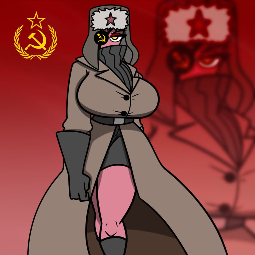 boots breasts communist countryhumans countryhumans_girl ech0chamber female gloves hammer_and_sickle jacket menacing russian_hat soviet_union_(countryhumans) ushanka