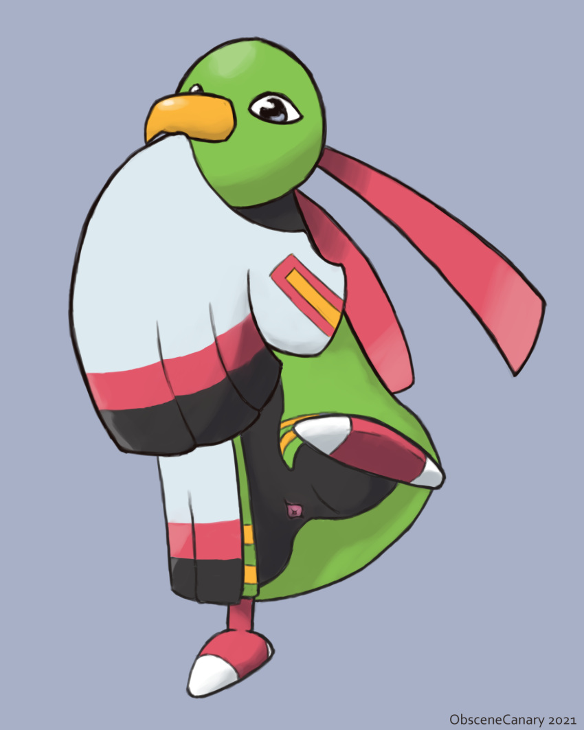 2020s 2021 4:5 animal_genitalia avian beak cloaca female feral genitals green_body hi_res looking_at_viewer nintendo obscenecanary pokemon pokemon_(species) presenting presenting_cloaca raised_foot raised_leg raised_wings simple_background solo video_games wings xatu