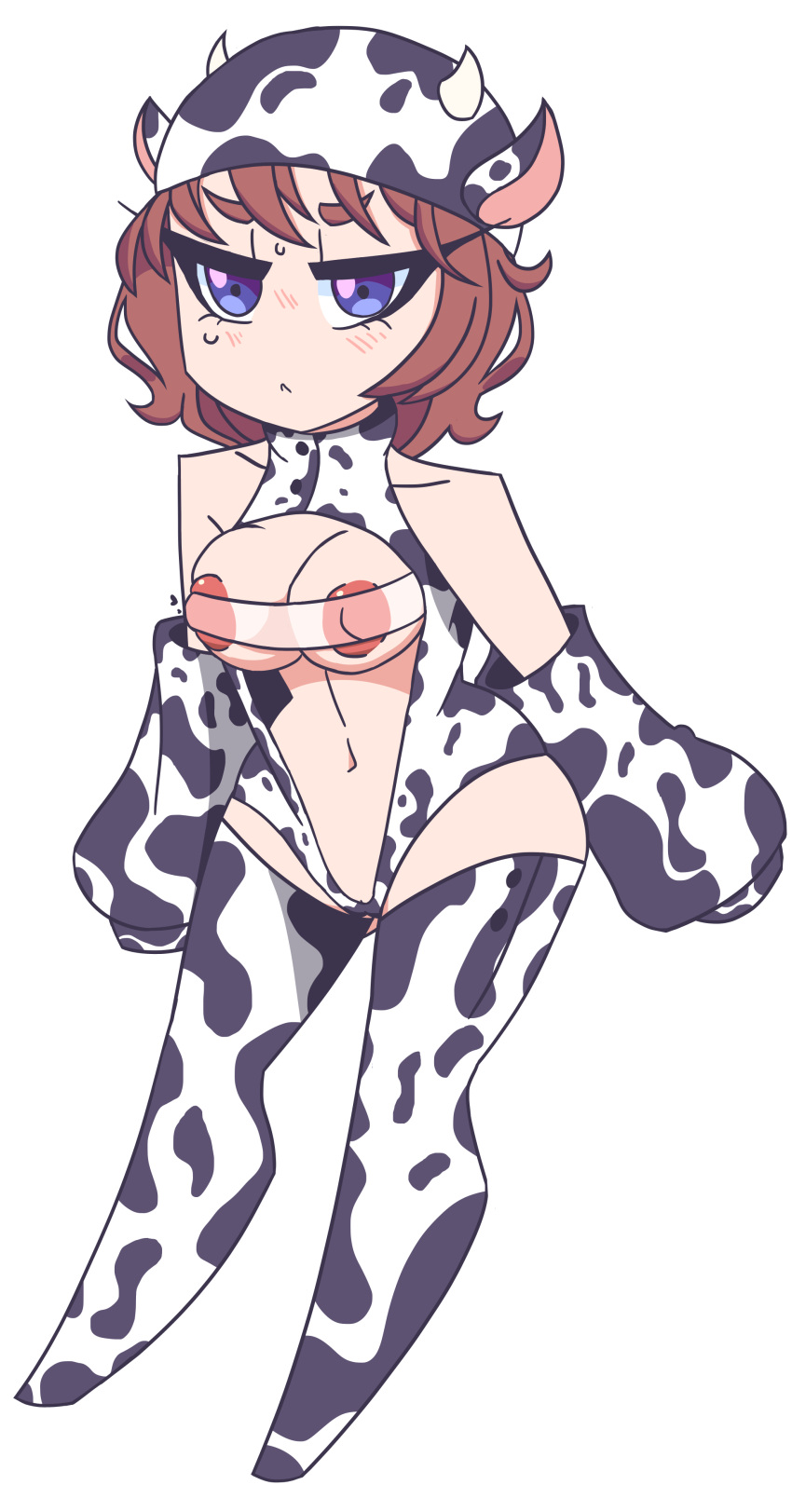 brown_hair byternomar cow_girl cow_horns cow_print exposed_breasts original_character pouting purple_eyes red_hair thick_thighs