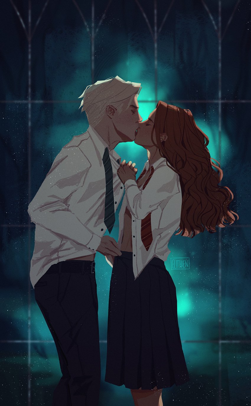 1boy 1girls assisted_exposure blonde_hair blush blushing closed_eyes clothed clothed_female clothed_male clothing draco_malfoy elithien female fully_clothed gryffindor gryffindor_tie harry_potter hermione_granger hogwarts hogwarts_school_uniform hogwarts_student human human_only inter-house kiss kissing long_hair male male_on_top necktie open_clothes open_shirt pants pleated_skirt school_uniform schoolgirl schoolgirl_uniform shirt short_hair side_view skirt slytherin slytherin_dungeon slytherin_tie standing straight student tie unbuttoned_shirt undressing undressing_another undressing_partner white_shirt witch wizard