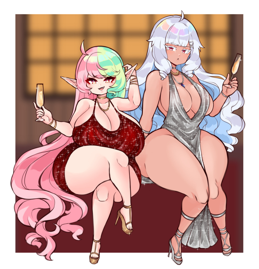 2girls alter_minari_(jojoniumart) bare_legs bare_thighs big_breasts cleavage dark-skinned_female dark_skin dress drink elf female_only green_hair high_heels hourglass_figure huge_breasts jojoniumart large_breasts long_hair looking_at_viewer mature mature_female mochi_(jojoniumart) multicolored_hair new_year open_mouth open_smile open_toe_shoes pelvic_curtain pink_hair pointy_ears red_eyes sideboob silver_hair smile thick_thighs voluptuous