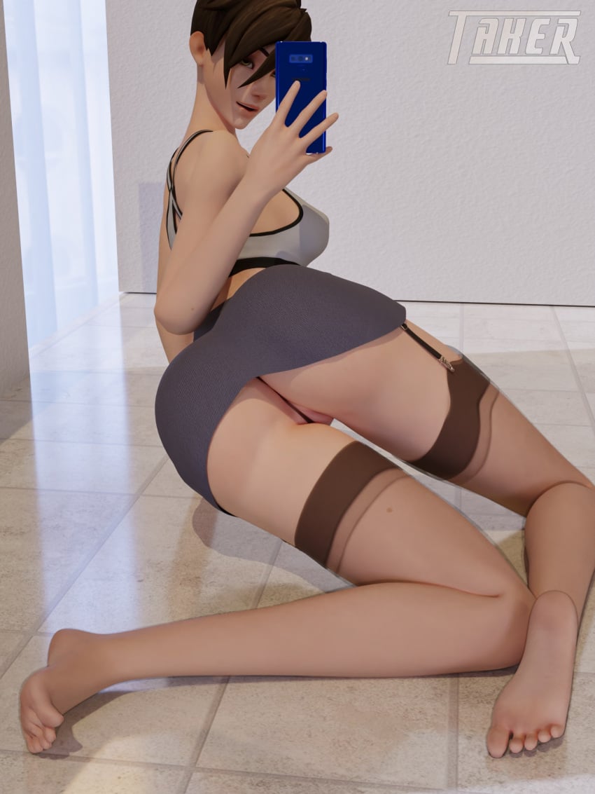 1girls 3d brown_hair cellphone converge erect_nipples feet female female_only garter_straps on_floor overwatch short_hair skirt smile soles solo stockings takerskiy thighhighs thong tracer upskirt