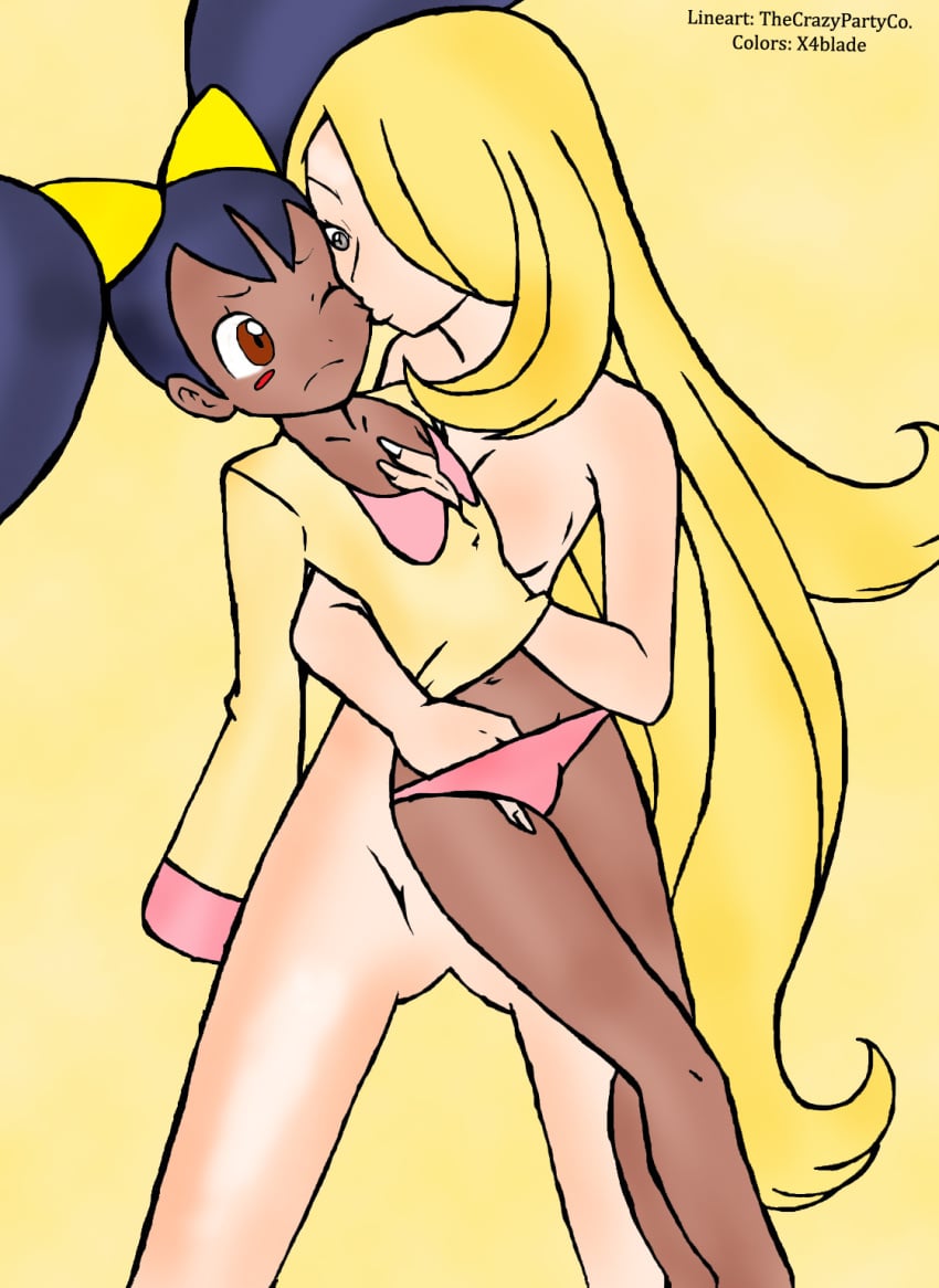 2girls age_difference blonde_hair blonde_hair_over_one_eye brown_skin champion chocolate_and_vanilla clothing cynthia_(pokemon) dark-skinned_female female female_focus female_only flat_chested game_freak gym_leader hand_under_clothes hand_under_panties hand_under_shirt interracial interracial_yuri iris_(pokemon) iris_(pokemon_bw) kissing light-skinned_female long_blonde_hair long_hair multiple_girls nintendo no_nose one_eye_closed panties pantsless pink_panties pokemon pokemon_bw pokemon_dppt thecrazypartyco underwear x4blade yellow_background yellow_theme yuri