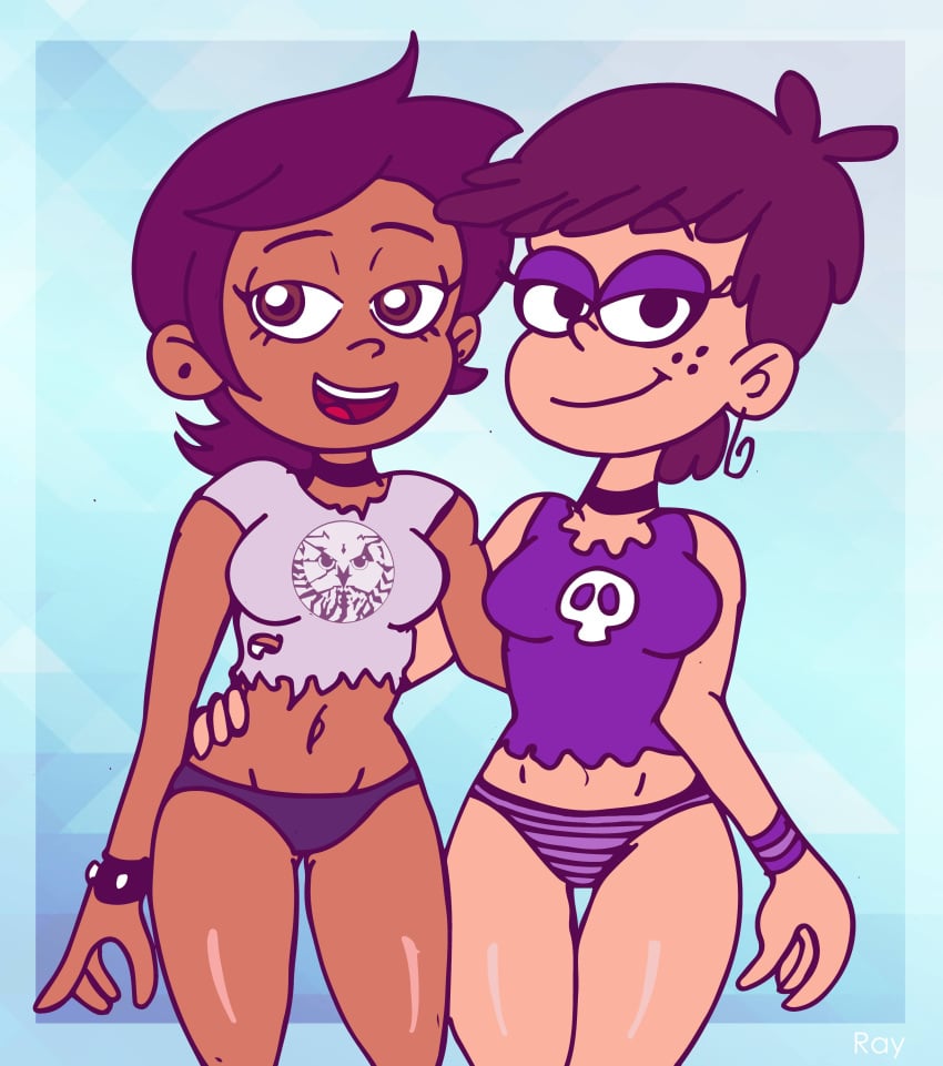 2girls arm_around_shoulders belly breasts brown_hair casual chocolate_and_vanilla crop_top crossover dark-skinned_female dark_skin disney disney_channel duo earrings female female_only freckles half-closed_eyes human latina light-skinned_female light_skin luna_loud luz_noceda multiple_girls navel neckwear nickelodeon pale_skin panties paperclip_earrings rayryan rayryan90 smile straight_hair the_loud_house the_owl_house thick_thighs thigh_gap thighs wristwear