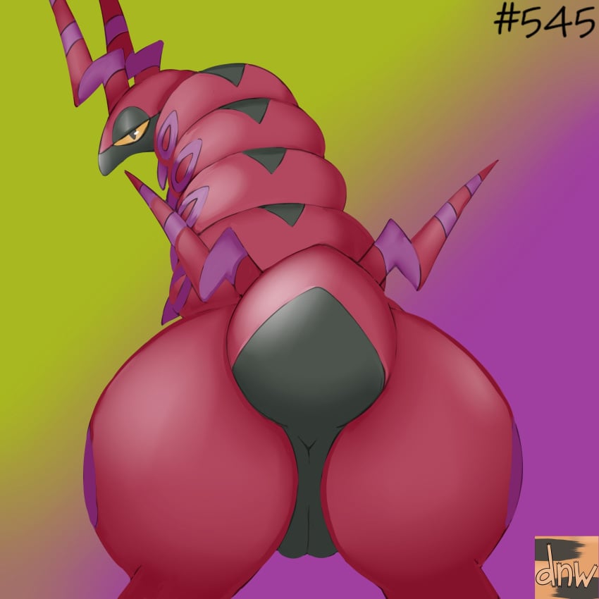 1:1 anus arthropod ass black_eyes butt_focus female feral genitals hi_res looking_at_viewer looking_back nintendo nude pokémon_(species) pokemon pussy quadruped reallydarkandwindie rear_view red_body scolipede simple_background solo tail_anus video_games yellow_eyes yellow_sclera