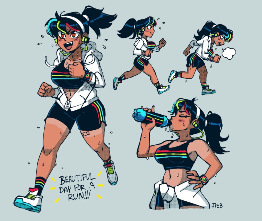 1girls 2020 black_hair booty_shorts dialogue drinking earbuds english_text female grey_background jieb multicolored_hair original ponytail running short_hair shorts simple_background solo sports_bra sportswear sweat tan tanline text tomboy water_bottle yeet-chan