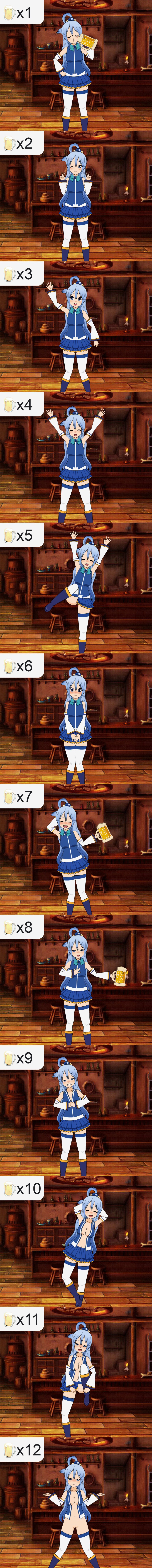 1girls accidental_exposure alcohol aqua_(konosuba) aqua_eyes aqua_hair bar beer beer_mug bottomless clothing comic double_v drinking drunk exibitionism female female_only kisekae kisekae_2 kono_subarashii_sekai_ni_shukufuku_wo! legwear looking_at_viewer pussy skirt solo solo_female standing tavern undressing upskirt wink