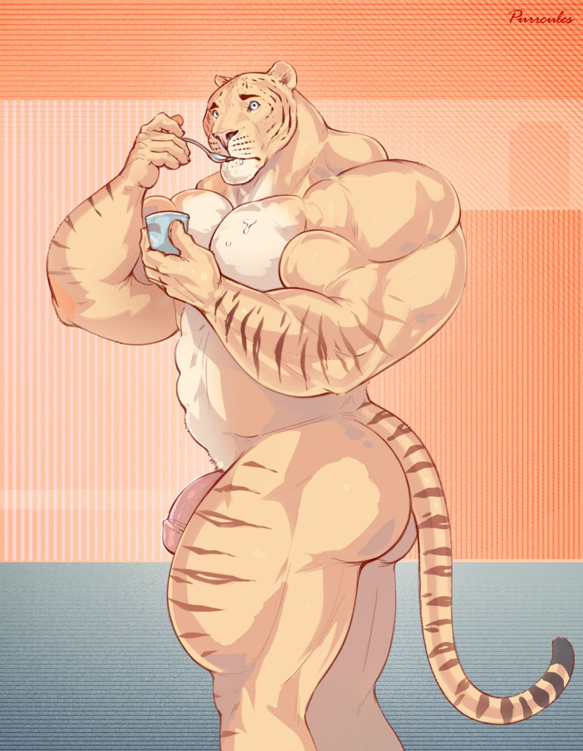 anthro ass big_butt big_muscles big_penis caught cutlery eating embarrassed felid flaccid food genitals hi_res huge_muscles hybrid hyper hyper_muscles kitchen_utensils liger lion mainlion male mammal muscular muscular_anthro muscular_male nude pantherine penis purrcules_(character) solo spoon stripes thick_thighs tools