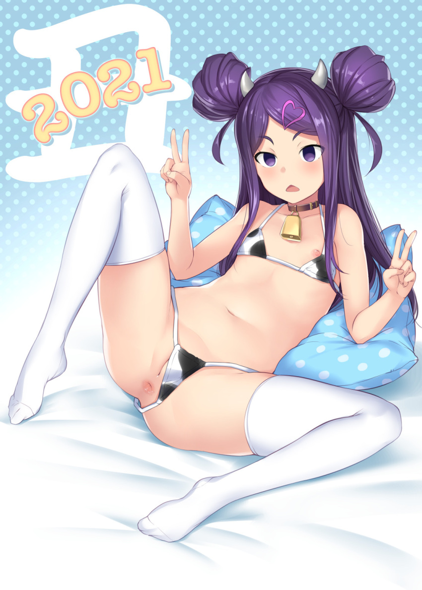 2021 animal_print anus bell bell_collar bikini blush bosshi collar cow_horns cow_print double_bun double_v female flat_chest hair_ornament heart heart_hair_ornament highres horns long_hair lying navel nipples no_shoes ochikobore_fruit_tart on_back purple_eyes purple_hair pussy sekino_roko solo stockings swimsuit thighhighs v white_legwear